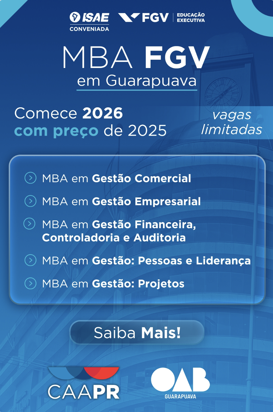 Os MBAs e LL.M da FGV chegam a Guarapuava com uma condição exclusiva:
